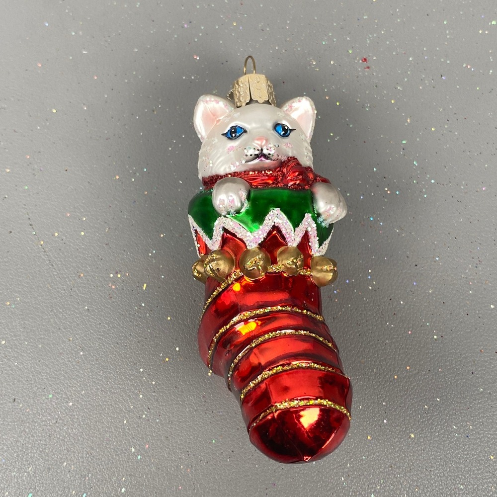 Old World Christmas Kitten in Stocking Glass Ornament White Cat Red 12154